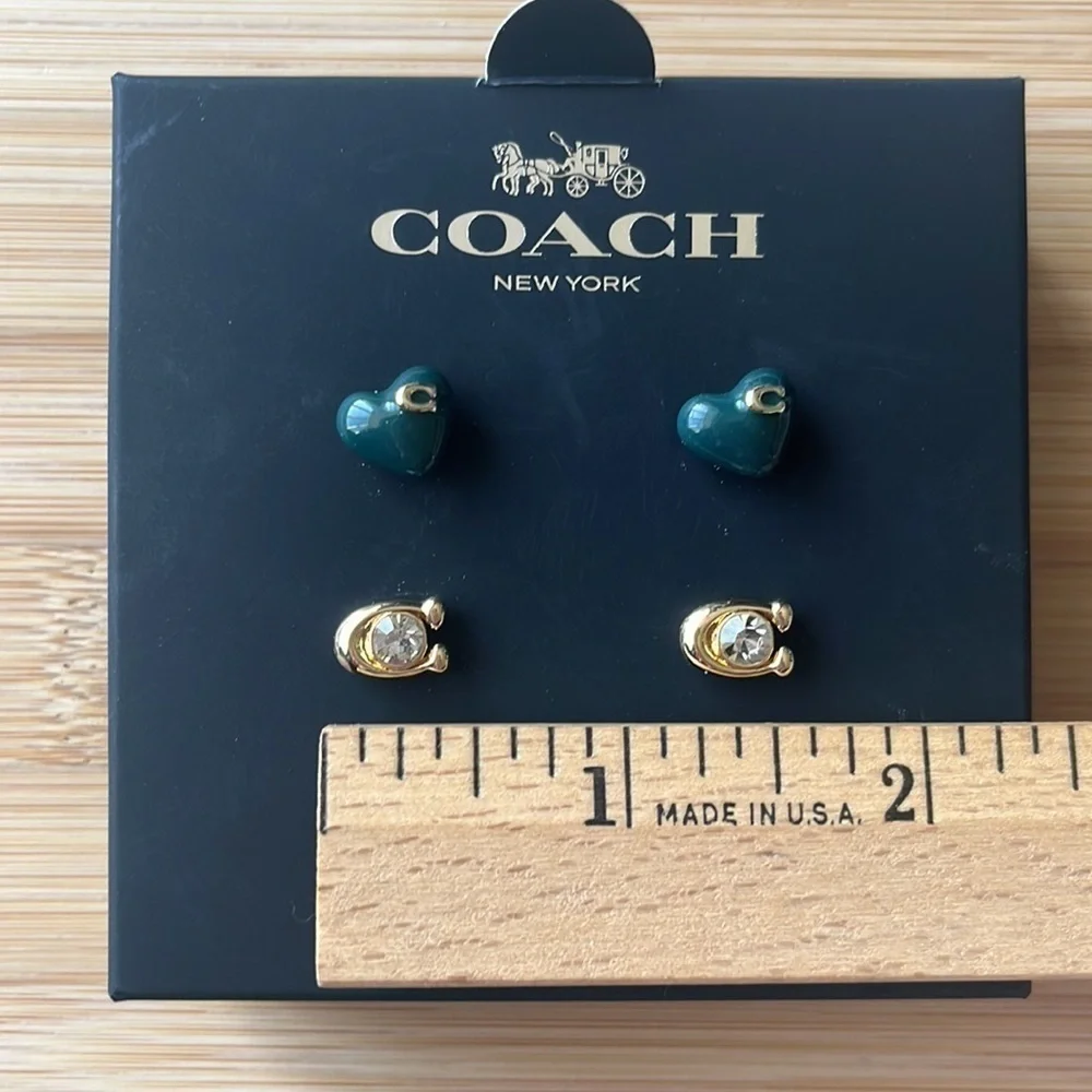 Brand New Coach Set of Two Post Earrings Heart Gold Tone Signature “C”